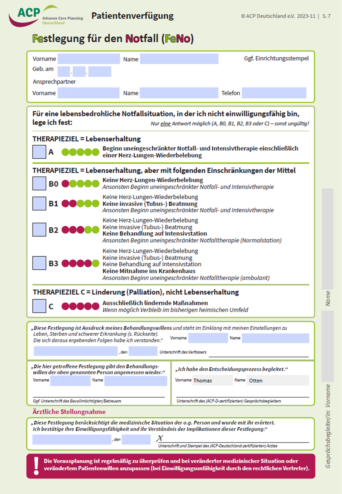 Muster eines Notfallbogens